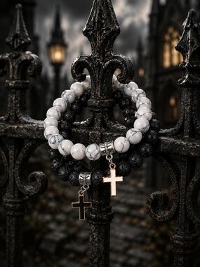 Black Lava and White Marble Beaded Bracelets with Cross Charms